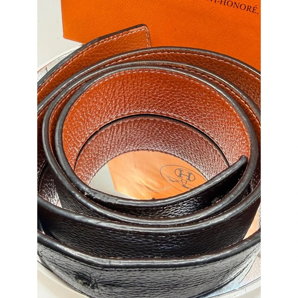 Hermes Reversible Belt Strap Black Orange Togo Epsom Leather 125cm France